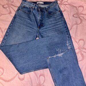 Blue Straight Leg Jeans with Distressed Details
